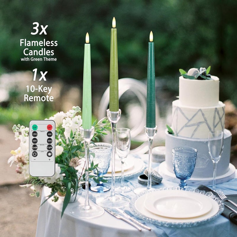AFINETH Green Flameless Taper Candles, 9.6" Real Wax Battery Operated Candles with Remote, 3 Pack Flickering, Gradient Candlesticks, Fake Candle for Home, Wedding, Party Decor - Image 5